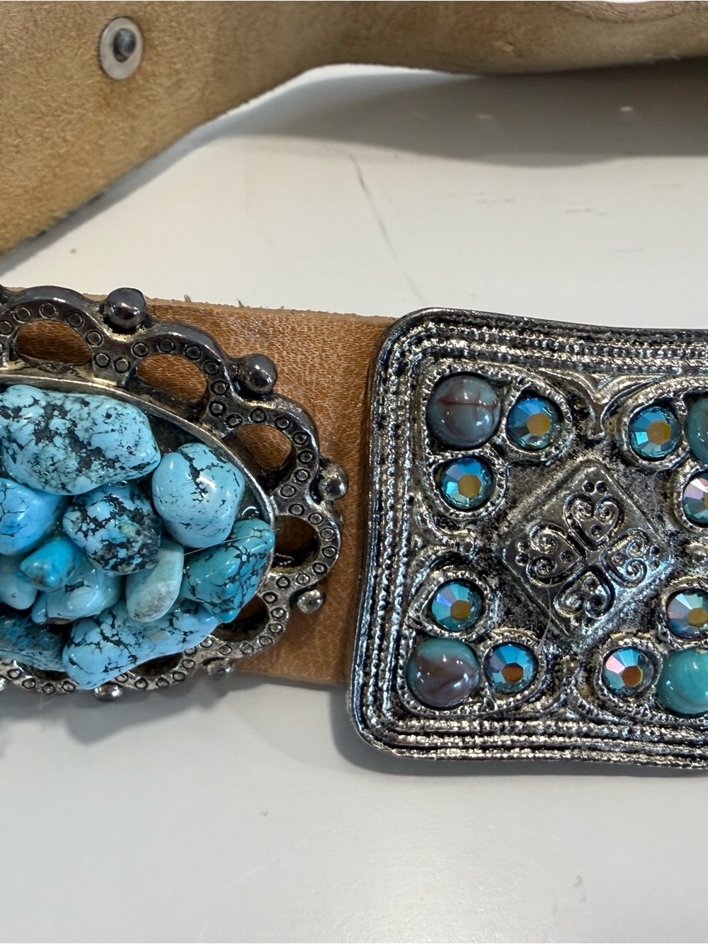 Vintage Turquoise Stone Embellished Tan Leather Belt by Leatherock - Picture 4 of 11